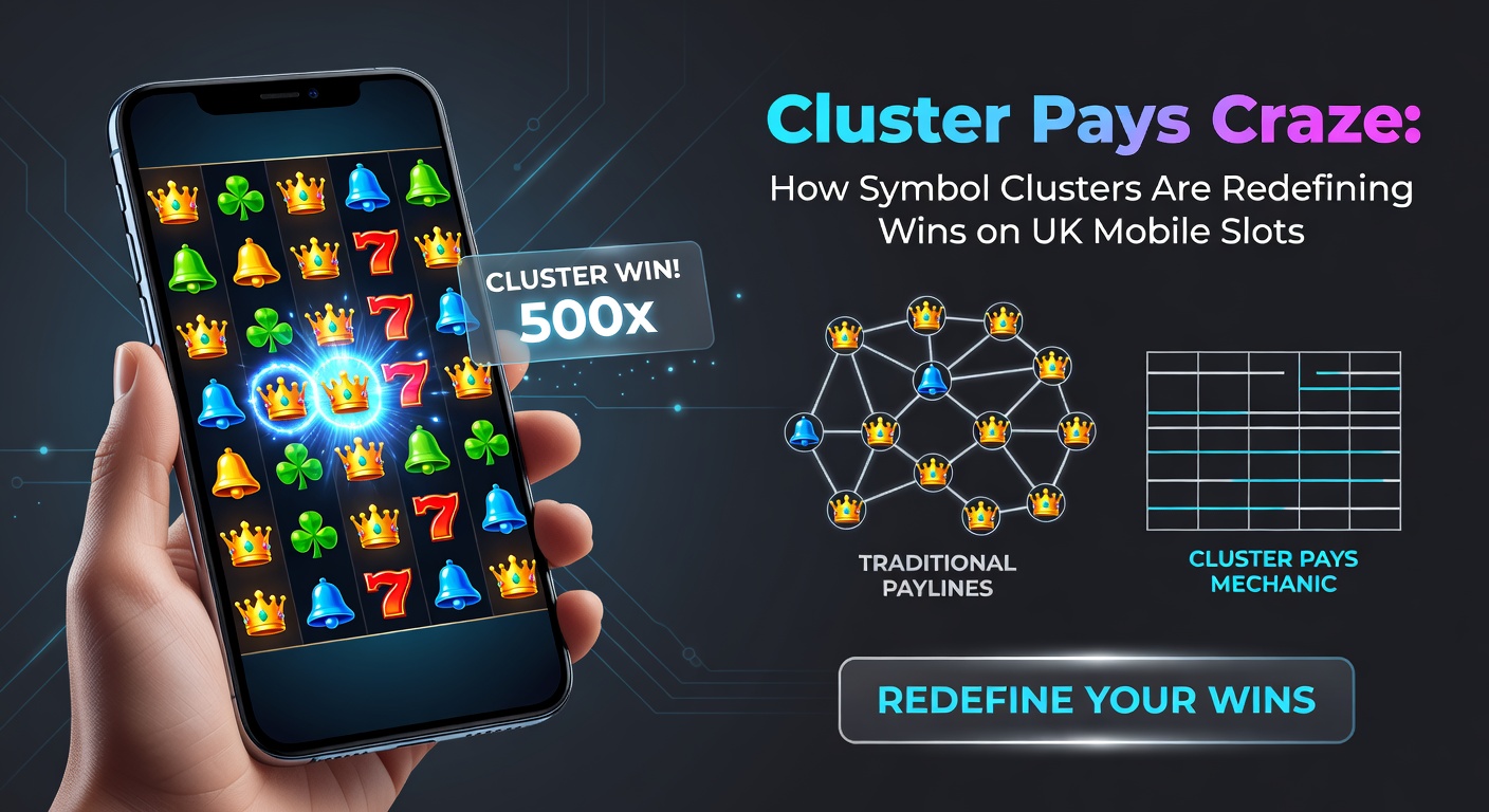 Close-up of a cluster pays win on a UK mobile slot app, featuring rainbow symbols clustering massively with cascading effects and rising multipliers
