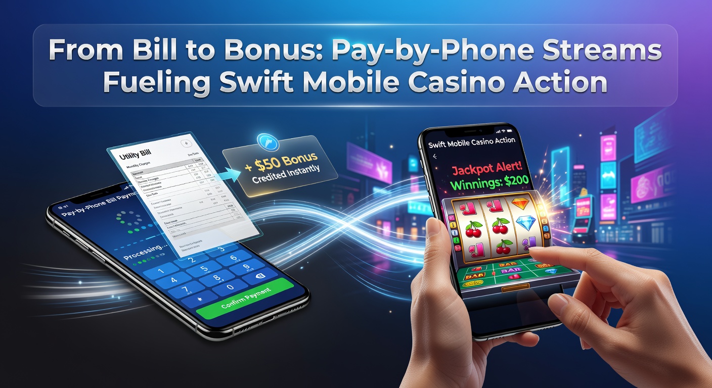 Close-up of a hand holding a phone with a pay-by-phone deposit screen active, overlaid with casino bonus icons and rapid transaction arrows
