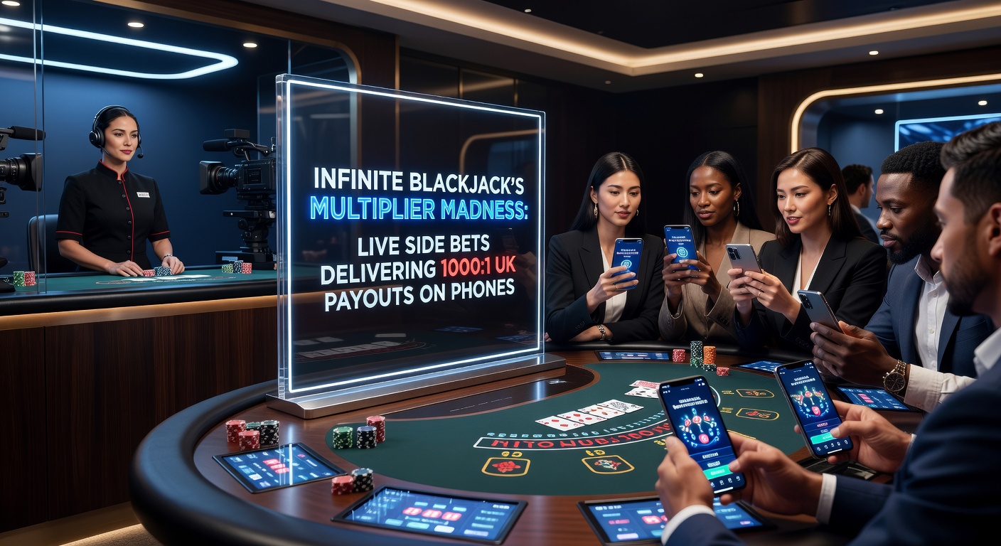 Close-up of mobile screen showing Infinite Blackjack with Multiplier Madness payout hitting 1000:1, cards in sequence illuminated with golden multipliers